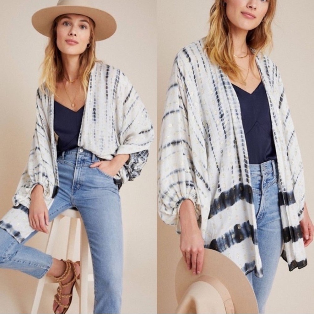 Anthropologie Vada Gold Shimmer Tie Dye Navy & White Cocoon Kimono One Size - Picture 10 of 10